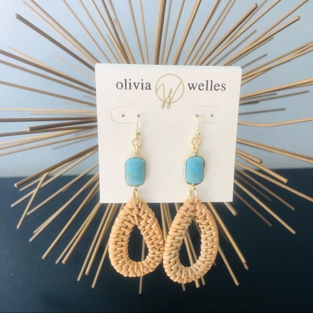 Olivia Welles Sandra Straw Drop Earrings, Tan/Turquoise, NWT